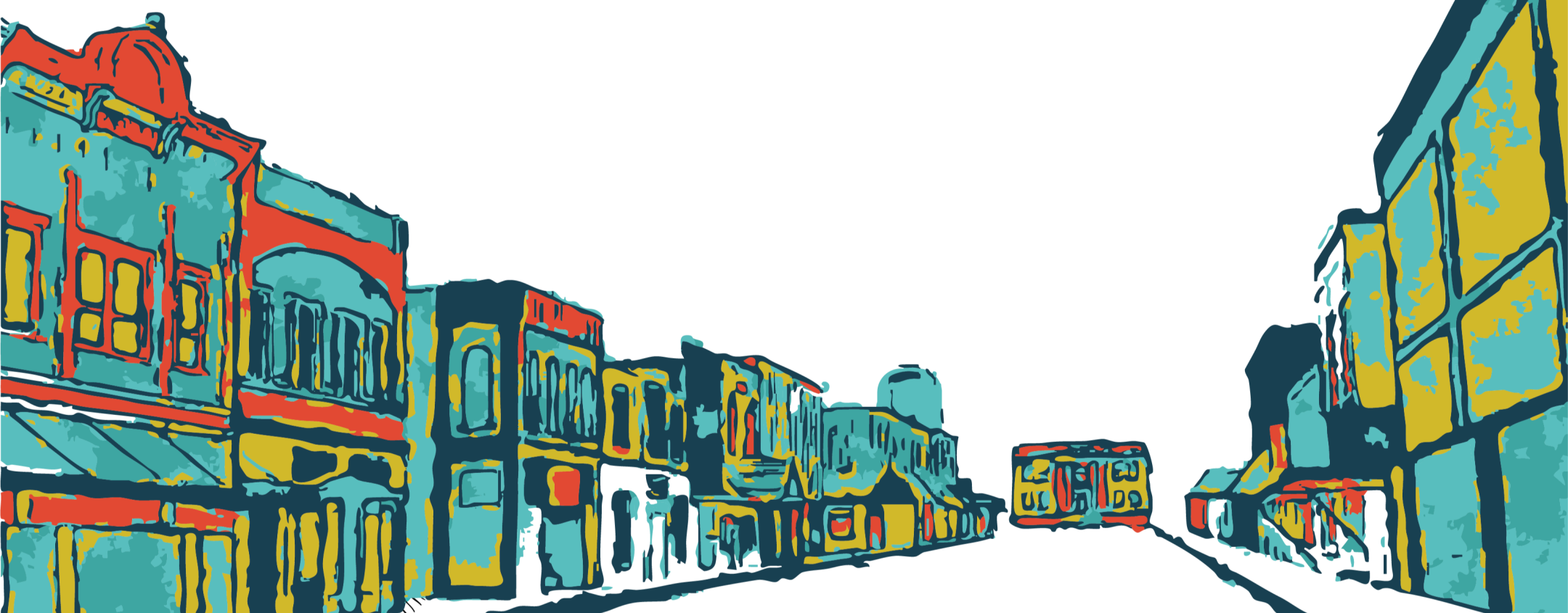 Illustration of downtown Aurora storefronts in the Aurora brand colors